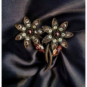 Vintage R.J. GRAZIANO Signed Flower Bouquet Dark Bronze Color Amber Clear Rhines